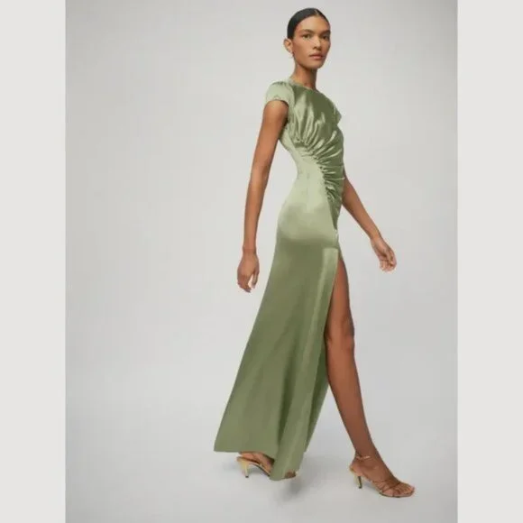 green emerald velvet dress Rent Reformaion Casette Silk Midi Dress in Artichoke main image 0